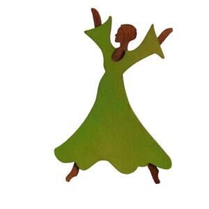 1990s Handcrafted & Painted Carved Wood Dancing Woman Lady Figural Pin Brooch